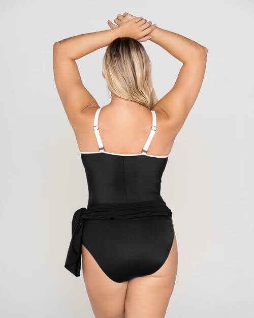 black one piece swimsuit with skirt