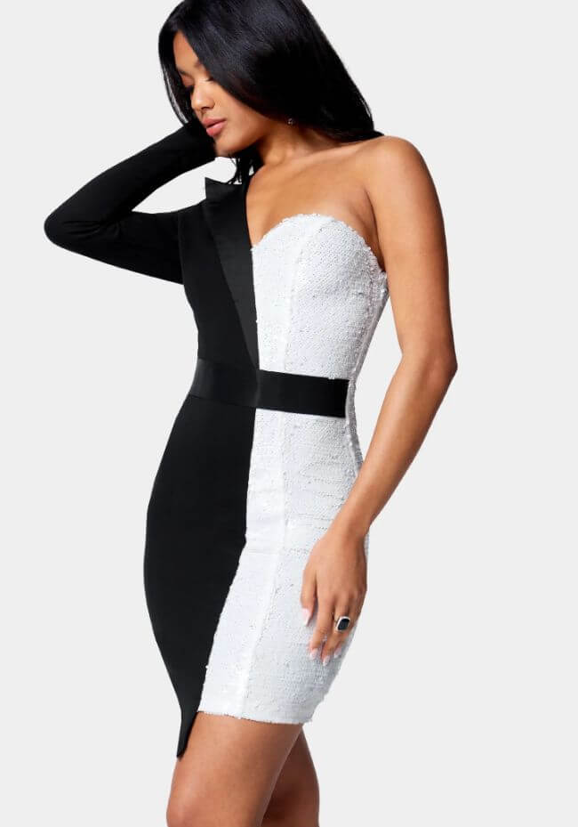 one shoulder sequin blazer dress, black & white