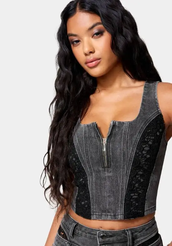 Lace Insert Denim Bustier Top