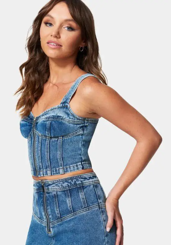 Multi Seam Zip Front Denim Bustier