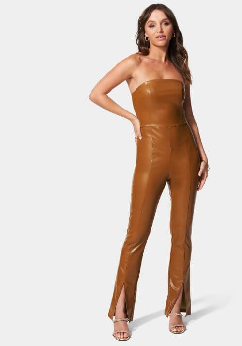 Split-Hem-Strapless-Vegan-Leather-Jumpsuit-brown