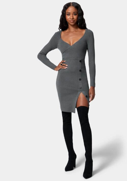 Surplice-Button-Midi-Sweater-Dress