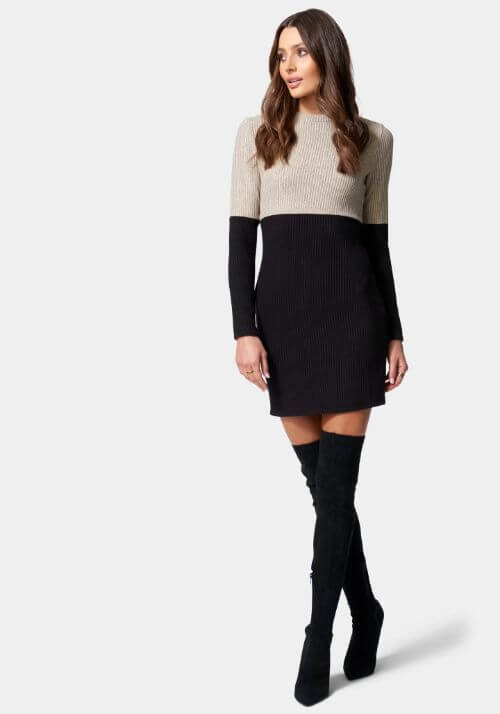 Two-Tone-Long-Sleeve-Sweater-Dress