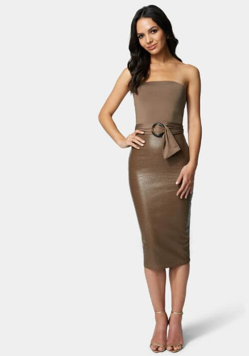 Vegan Leather Belted Strapless Midi Dress