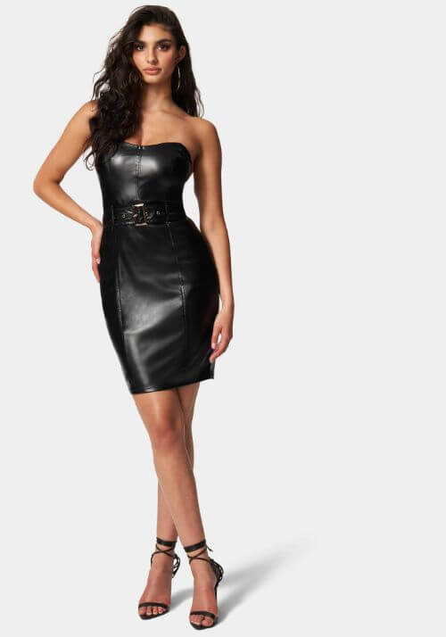 Vegan Leather Sweetheart Neck Mini Dress