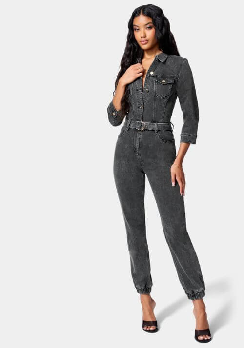 Belted Jogger Denim Jumpsuit