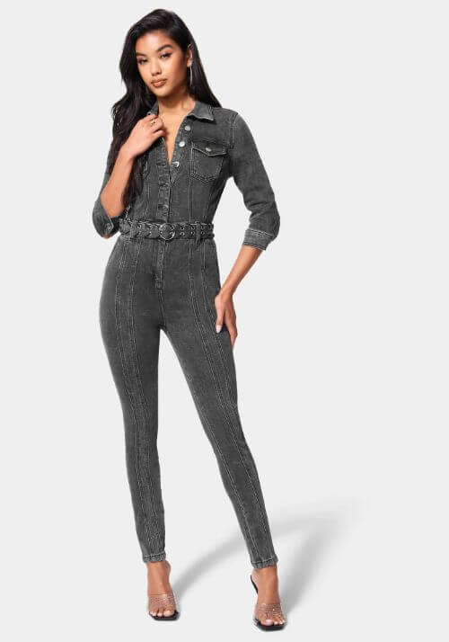 Button Down Belted Slim Denim Jumpsuit