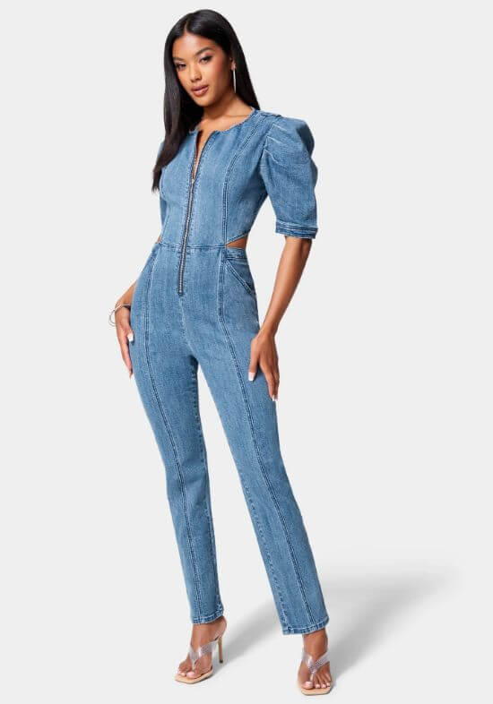 Front-Zip-Side-Cut-Out-Straight-Leg-Denim-Jumpsuit