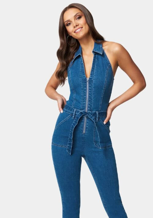 Halter Neck Zip-Up Denim Jumpsuit