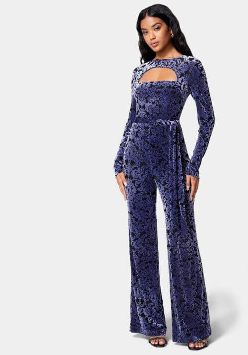 Long Sleeve Blue Velvet Jumpsuit