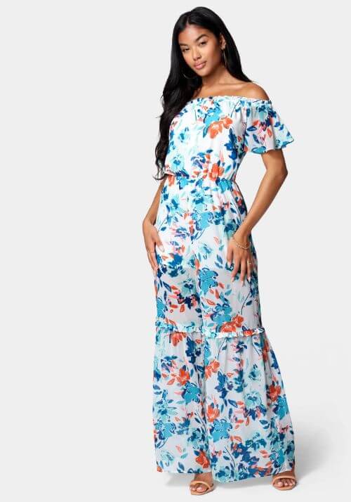 Printed Off Shoulder Slit Leg Jumpsuit