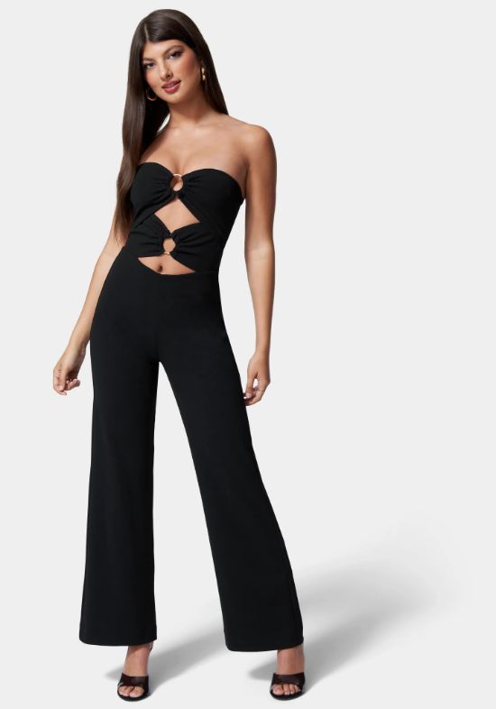 Ring Detail Wide Leg Knit Crepe With Satin Combo Jumpsuit