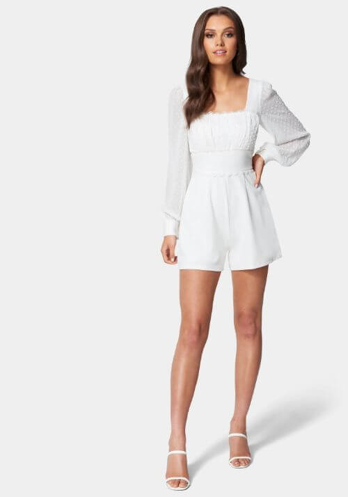 White Swiss Dot Sleeve Romper With Trim Detail