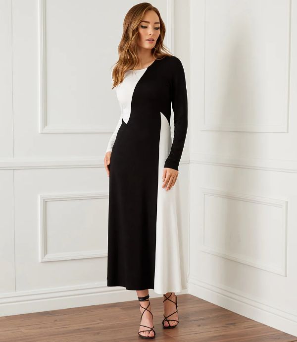 Black and White Long Sleeve Colorblock Dress