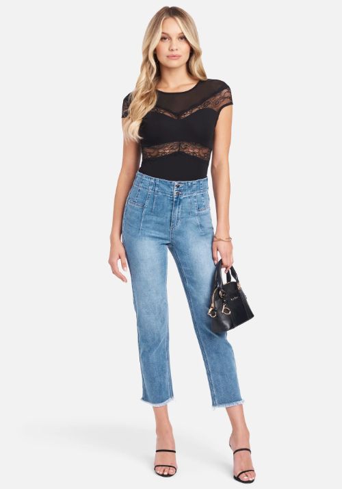 High Rise Front Pleating Straight Leg Jeans