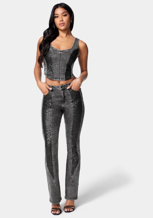 High Waist Sequin Trim Flared Jeans