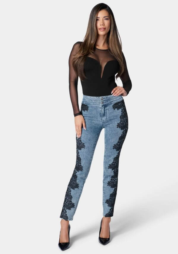 High-Waist-Lace-Applique-Slim-Leg-Denim-Jeans