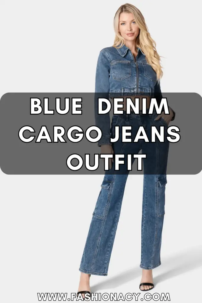blue denim cargo jeans outfit women