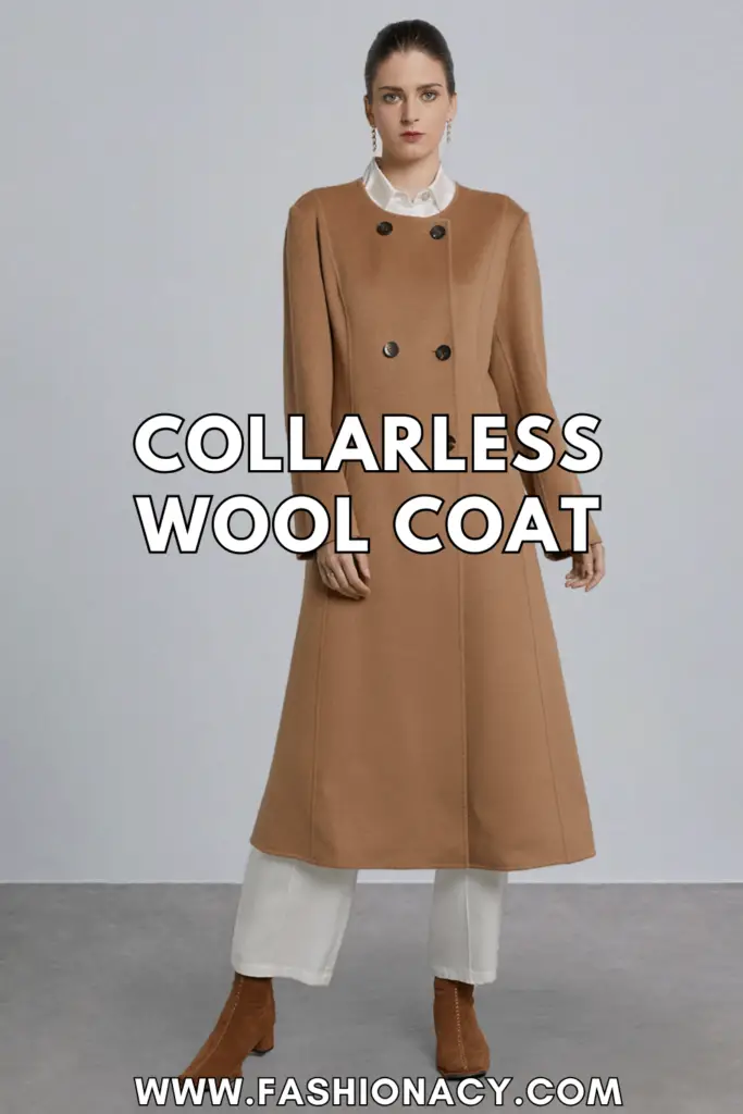 Collarless Wool Coat Outfit Women