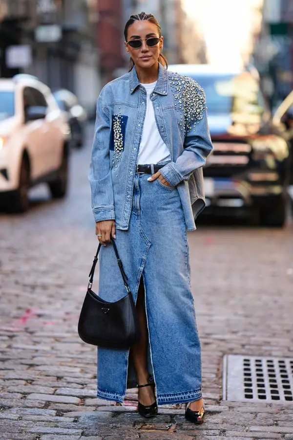 long denim skirt outfit