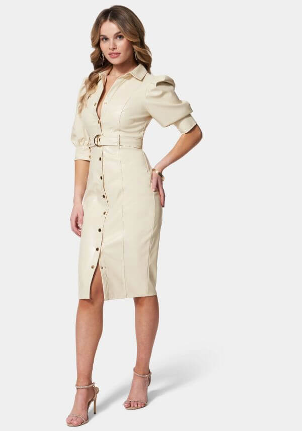 Cream Leather Shirt Dress