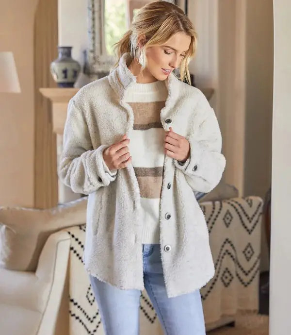 White Sherpa Shirt Jacket Outfit