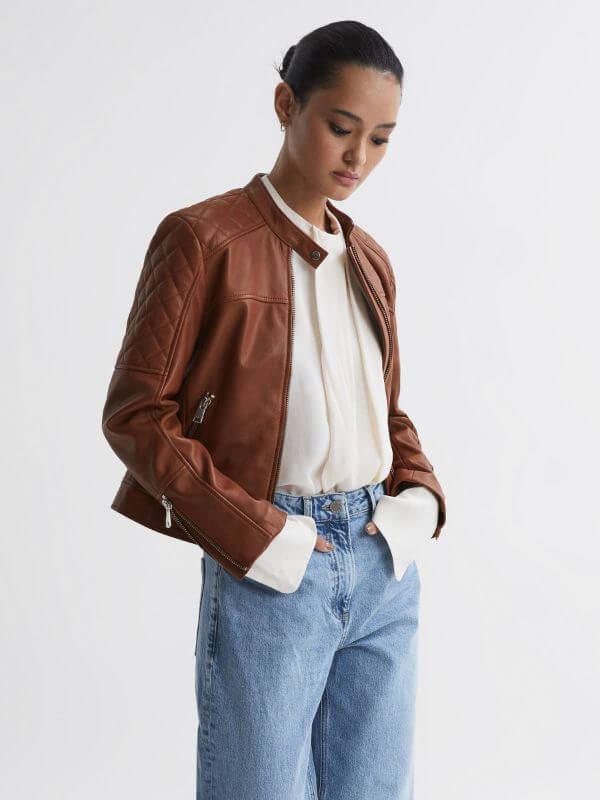 Collarless Brown Leather Jacket