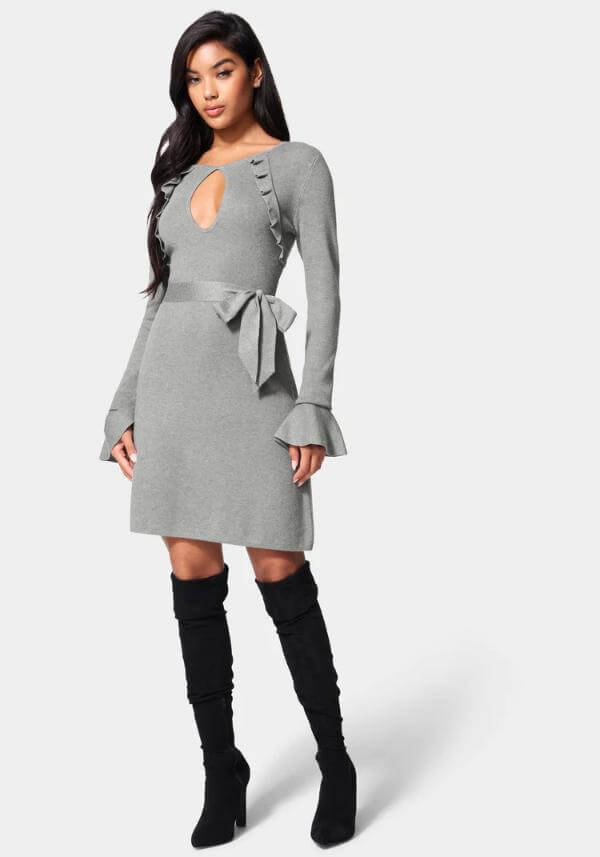 Grey Sweater Dress With Belt