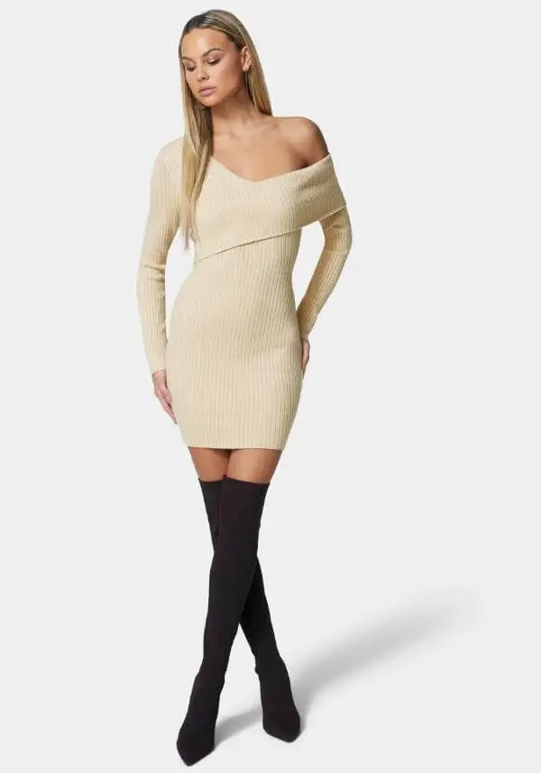 Off Shoulder Sweater Dress With Boots