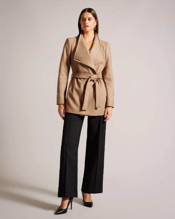 Short Camel Wrap Coat Outfit