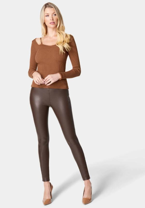 Brown Vegan Leather Leggings Outfit