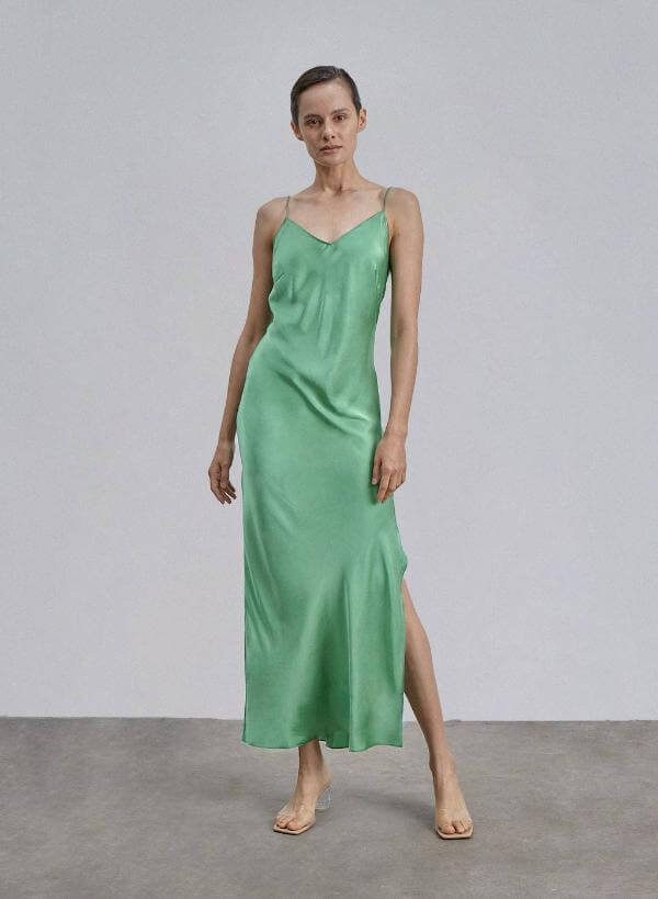 Green Silk Slip Dress Long
