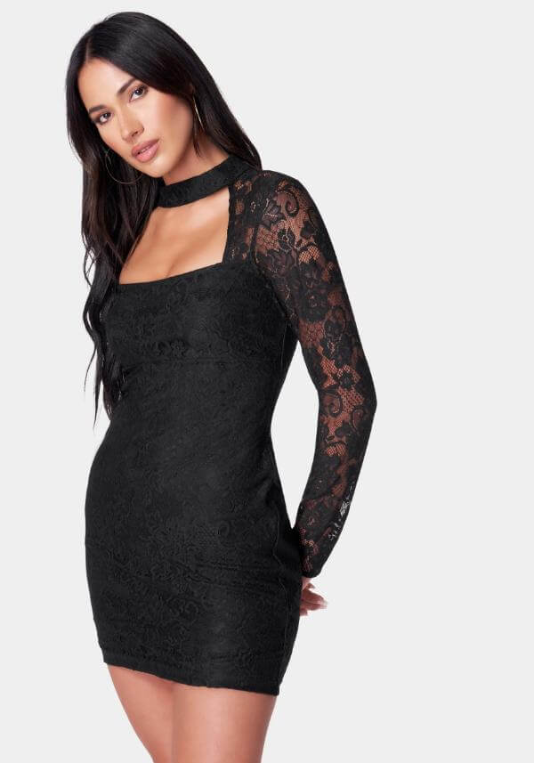 Long Sleeve Black Lace Short Dress