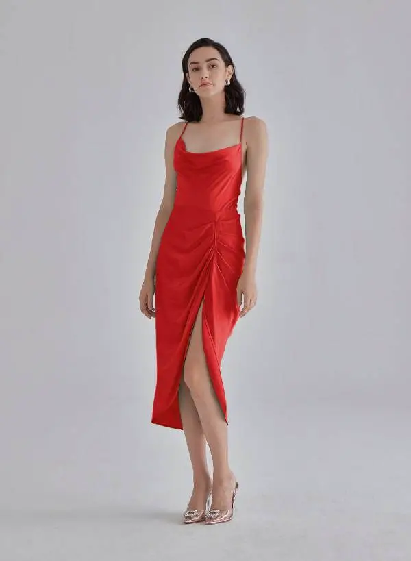 Red Silk Cowl Neck Dress