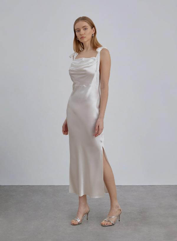 White Silk Cowl Neck Dress