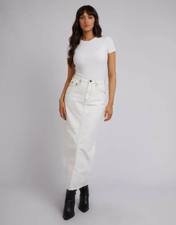 White Denim Skirt Outfit Long