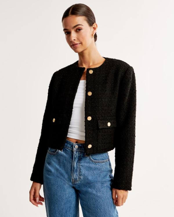 Black Collarless Jacket Outfit