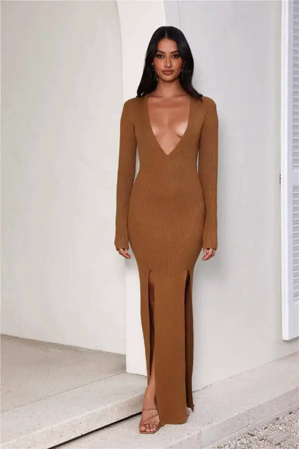 Brown Long Sleeve Maxi Dress