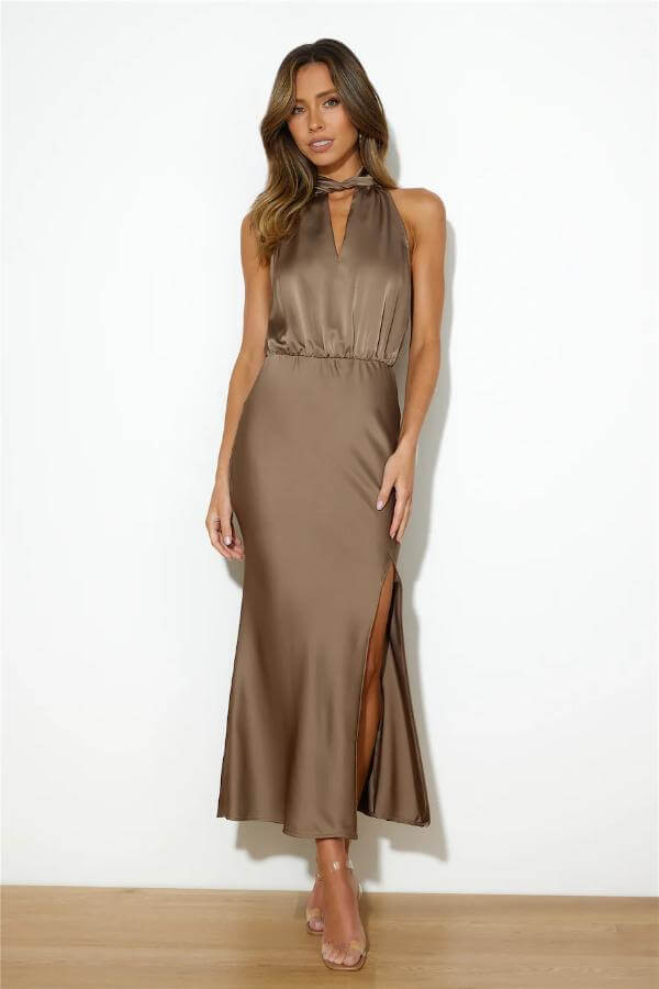 Brown Satin Maxi Dress