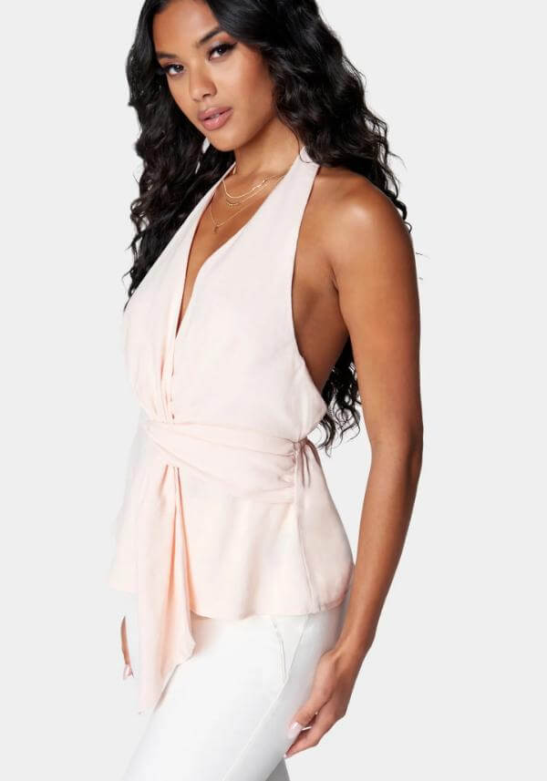Draped Front Backless Halter Top Outfit