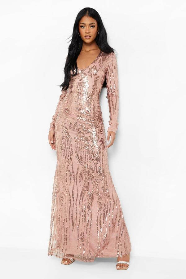 Gold Maxi Dress With Sleeves