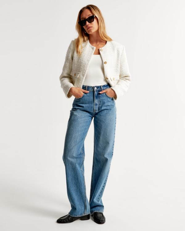 White Collarless Jacket Outfit Women