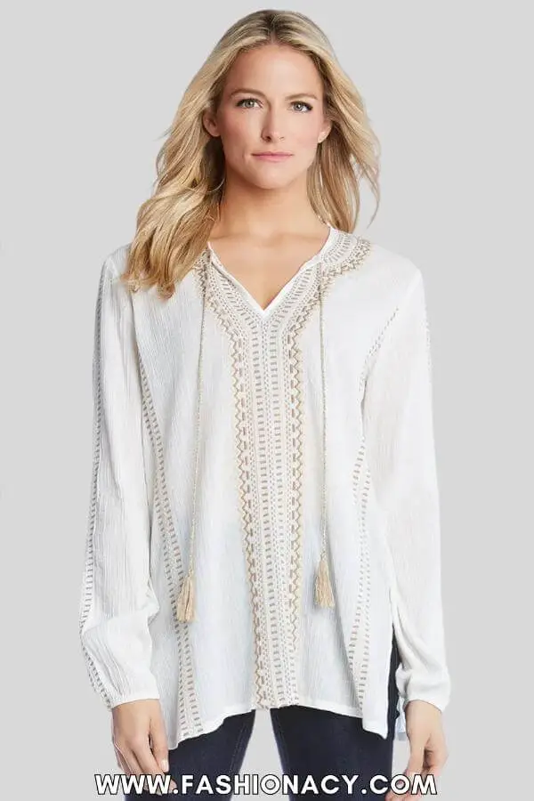 White Embroidered Top Outfit Long Sleeve