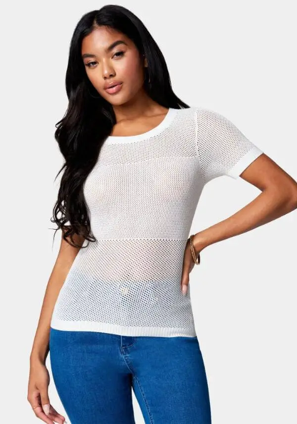 White Short Sleeve Knit Top Outfit