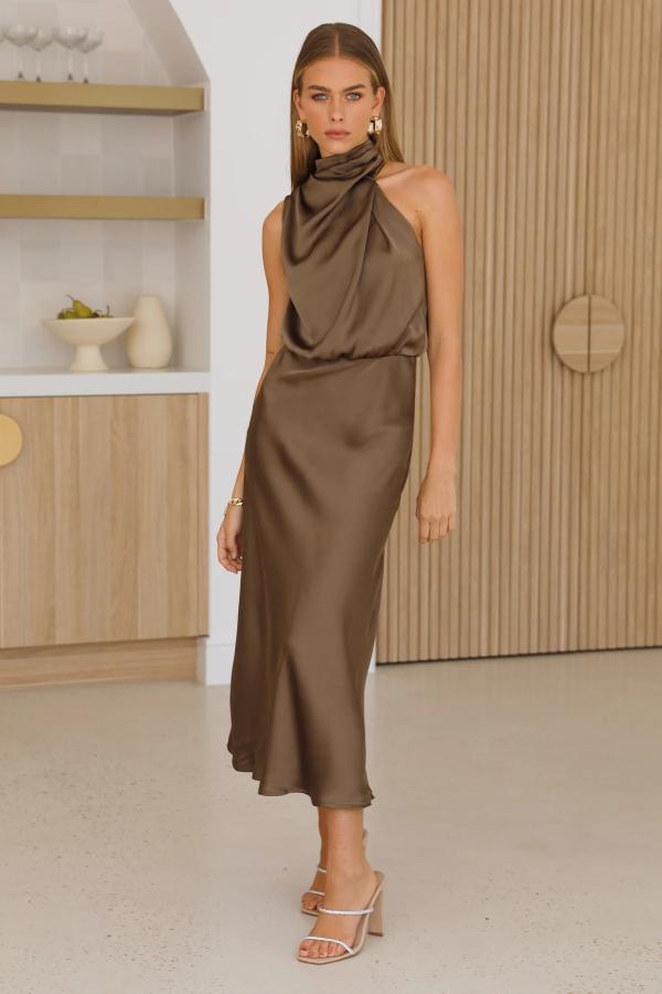 Long Brown Satin Dress Outfit 