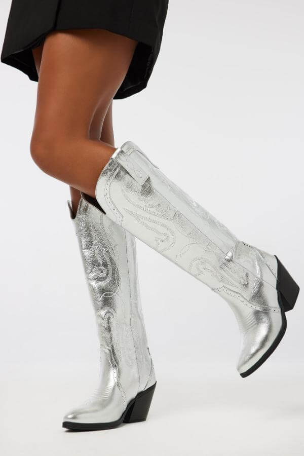 Metallic Silver Cowboy Boots Outfit
