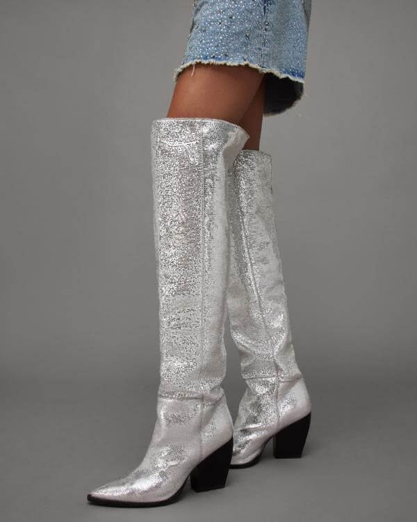 Silver Metallic Knee High Boots Outfit