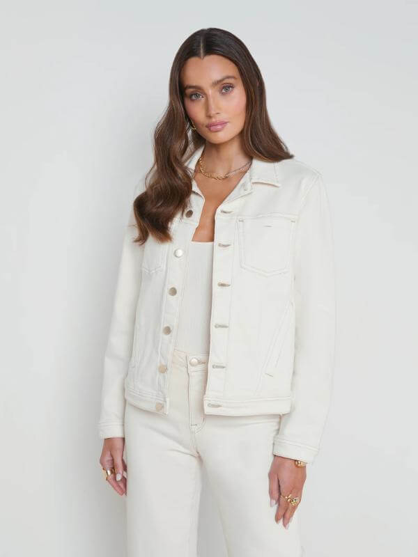 White Denim Jacket Outfit Women