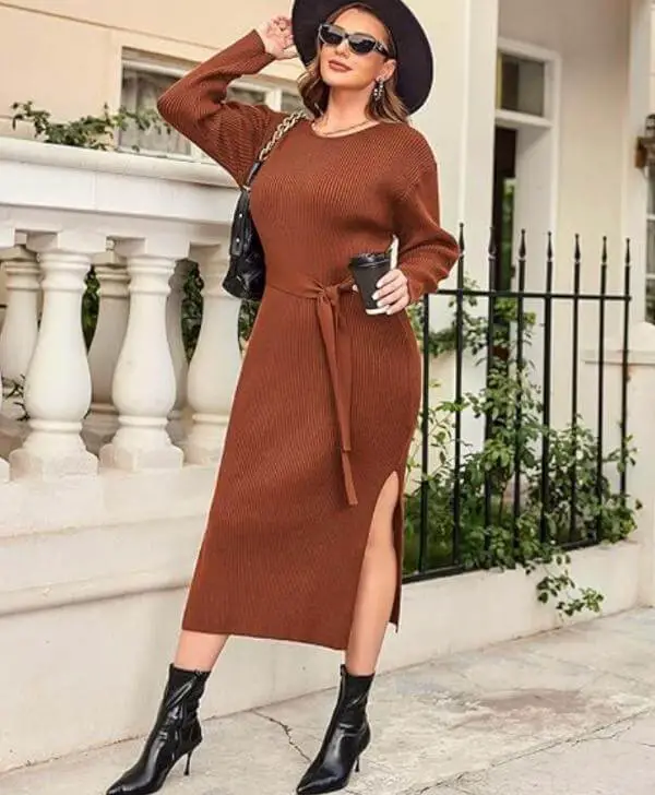 Brown Midi Dress Outfit Winter