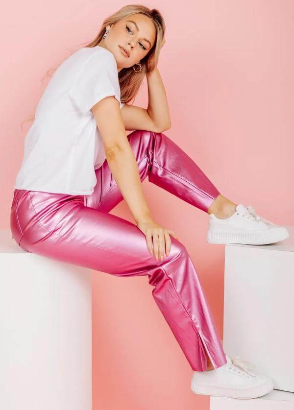 Pink Metallic Pants Outfit Casual